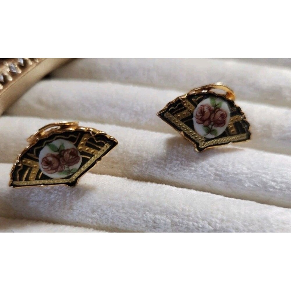 Damascene Gold Toned Clip Earrings With Floral Cameo